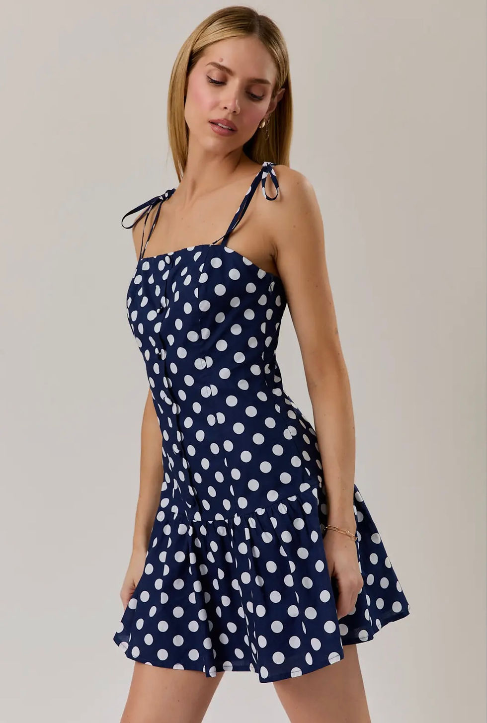 Thumbnail: Drop waist button detail polka dots dress 