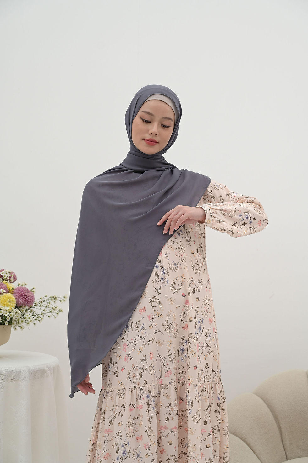 Thumbnail: Grace Chiffon Curve Shawl in Ash