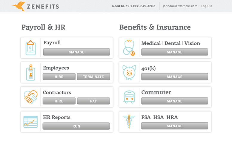 Early Zenefits dashboard with employee and payroll controls beside insurance and benefit controls
