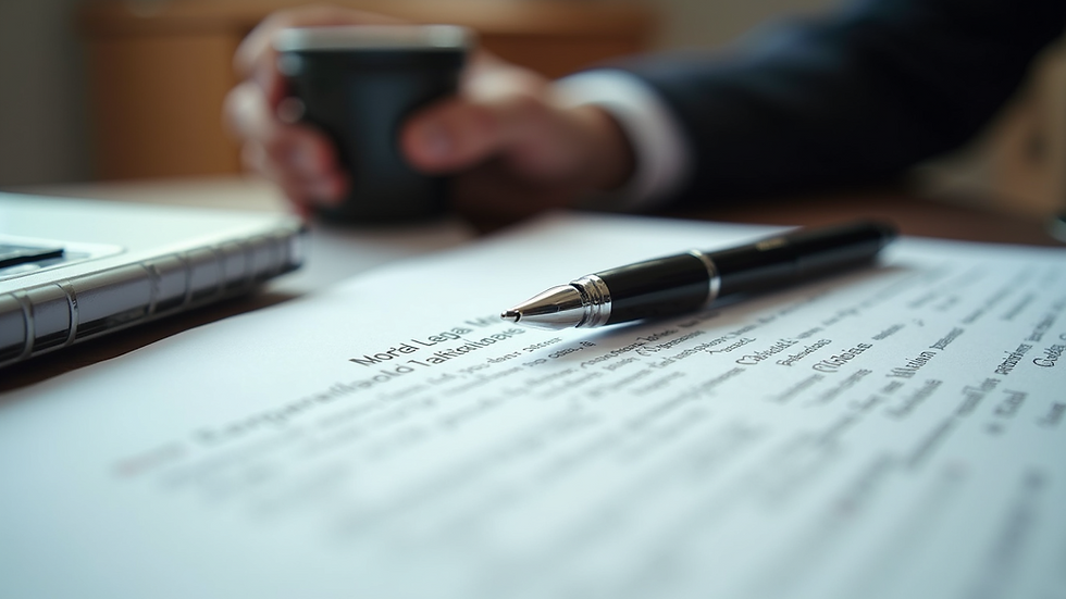 Close-up view of legal documents and a pen on a desk