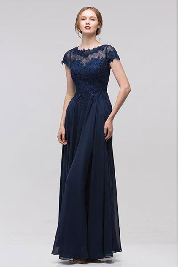 Dark Navy Lace Top , Short Sleeve Dress with Chiffon Skirt
