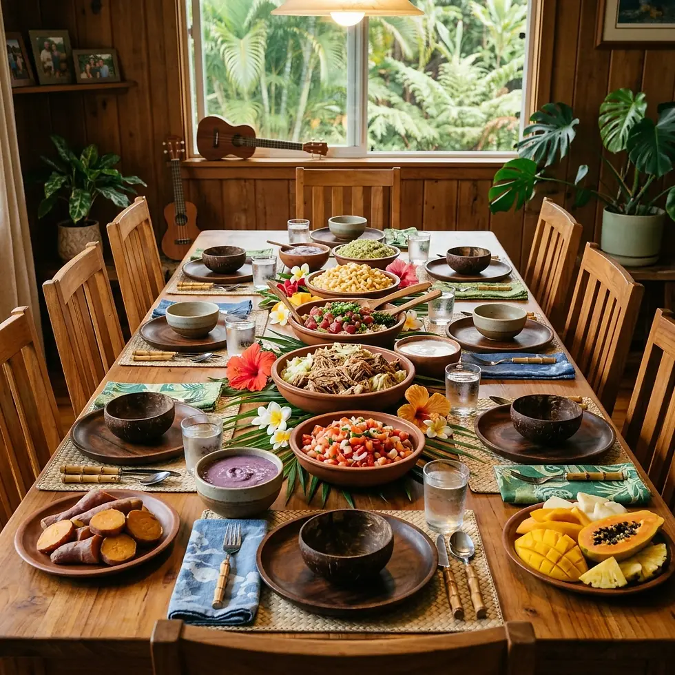 Hawaiian luau feast table.webp