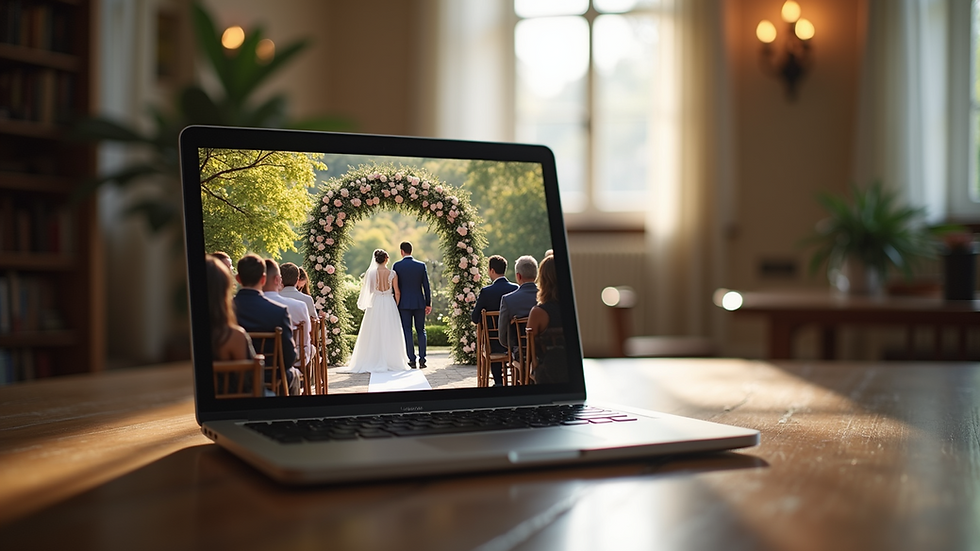 Eye-level view of a laptop screen showing a virtual wedding ceremony setup