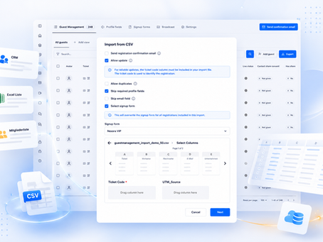 CRM-Software mit Dialog Import from CSV: Gästeliste, Checkboxen, Feldzuordnung und Buttons Next und Cancel auf blauem Dashboard.