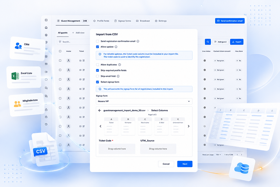 CRM-Software mit Dialog Import from CSV: Gästeliste, Checkboxen, Feldzuordnung und Buttons Next und Cancel auf blauem Dashboard.