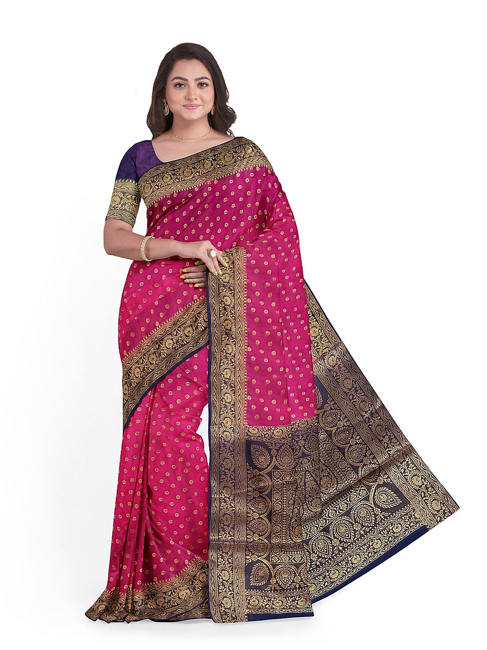 Thumbnail: Sophisticated Pink and Navy Blue Banarasi Chiffon Saree - Unique Piece