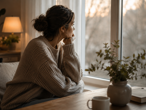 Eine Frau sitzt in einem gemütlichen Raum am Fenster und blickt nachdenklich nach draußen. Sie trägt einen warmen Strickpullover und hält ihr Gesicht in die Hand. Die ruhige, warme Atmosphäre vermittelt Nachdenklichkeit und Sehnsucht nach Nähe und Verständnis.