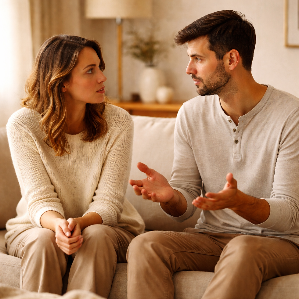 Ein Mann erklärt etwas mit beiden Händen, während eine Frau ihm aufmerksam zuhört, beide sitzen nah beieinander in einer ruhigen, warmen Atmosphäre und wirken leicht suchend im Verständnis.