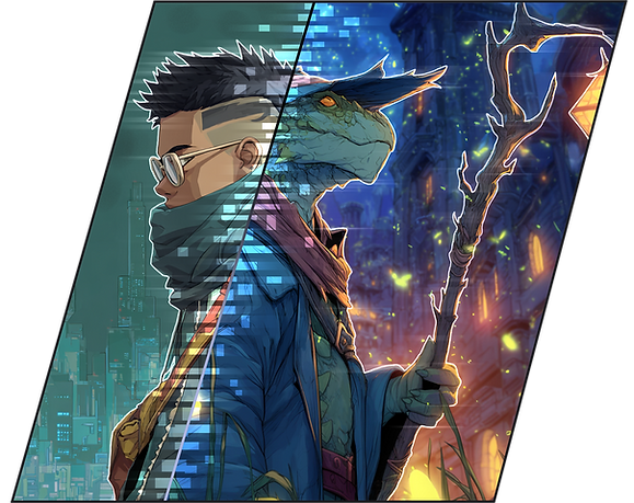 Split character showing transformation between Earth 2069 and Gaia in Unlimited Online dual-world tabletop RPG