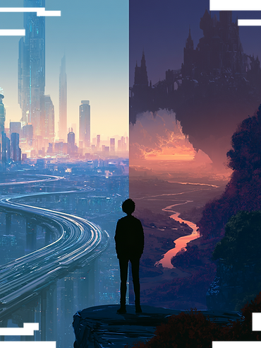 Character standing between futuristic Earth 2069 and fantasy Gaia in Unlimited Online dual world system