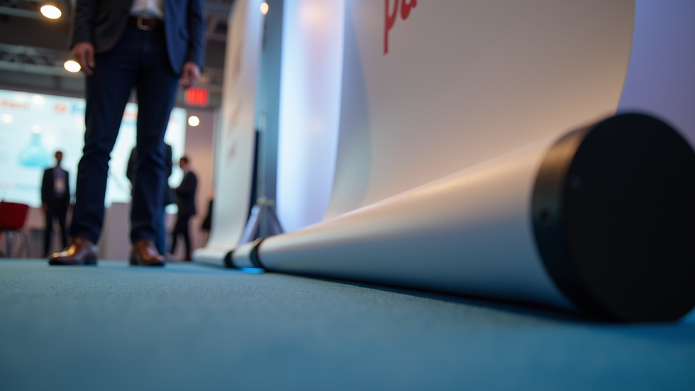 Eye-level view of a roll up banner being set up at a business event
