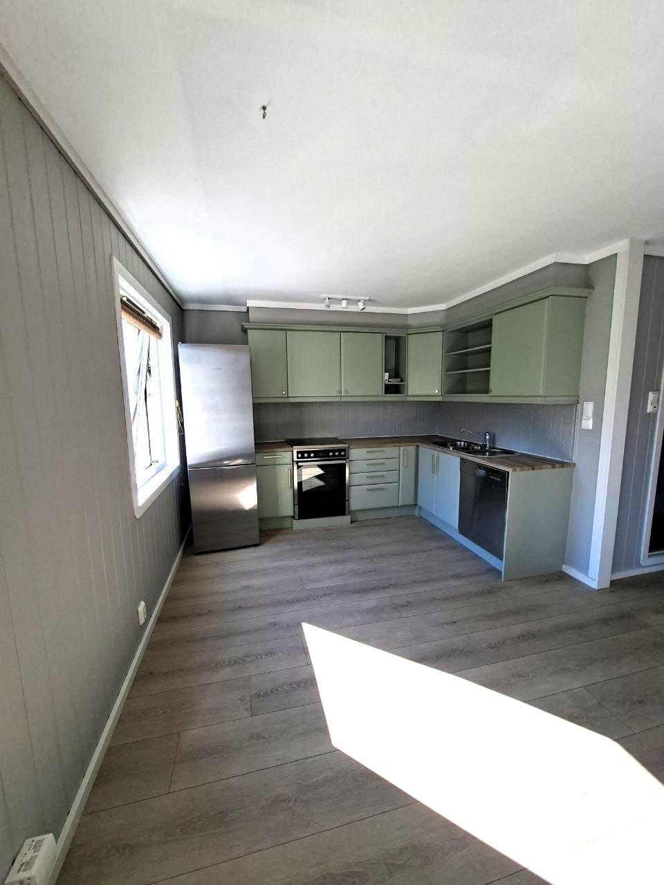 Modern kitchen with green cabinets and stainless steel appliances.