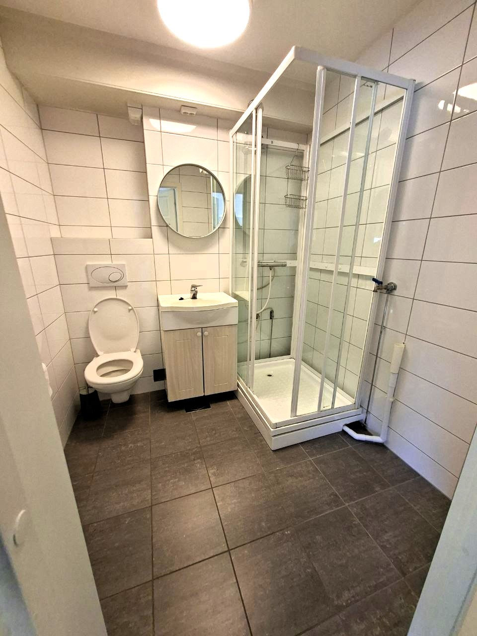 Modern bathroom with shower, toilet, and sink.