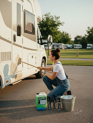 Woman cleans motorhome