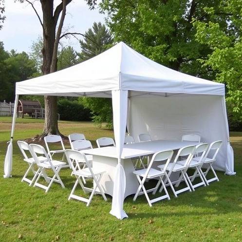 create a simple marketing photo of a white 10x20 tent, 2 - 6' white rectangular tables, an