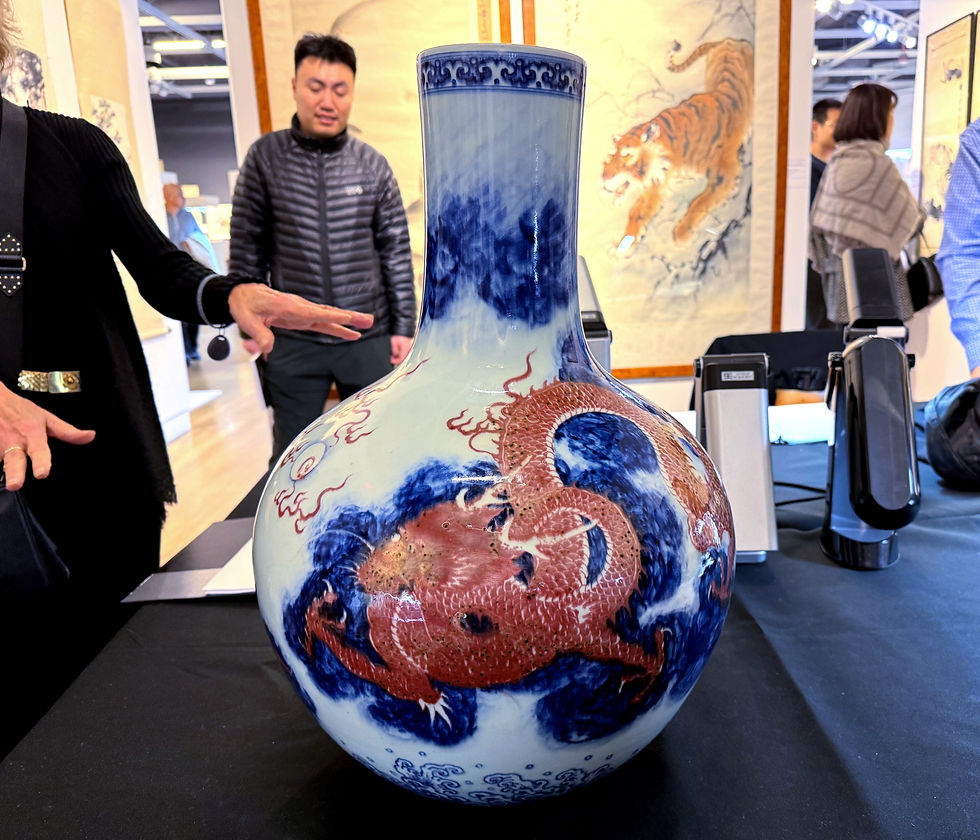 Large Chinese blue, white and copper red 'three dragon' tianquiping vase that sold at Bonhams for USD 3.69 million during 2025 March Asia Week New York
