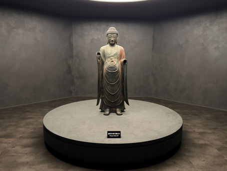 A life-size bronze figure of Bhaishajyaguru Buddha (aka the Medicine Buddha) from circa 800 of the Silla Dynasty at the Gyeongju National Museum
