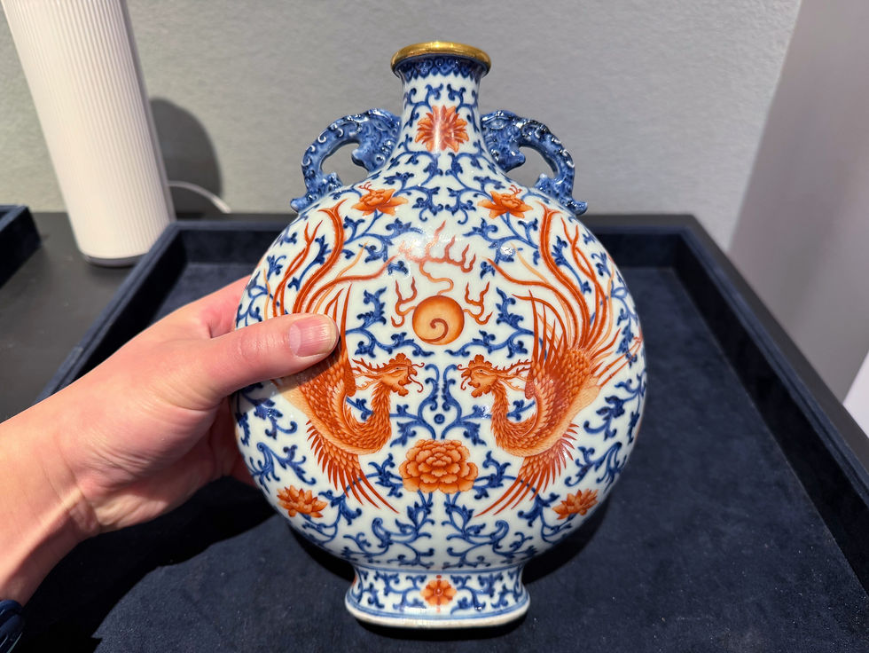 Chinese Qianlong blue, white and iron red double phoenix moon flask that sold at Bonhams London during Asian Art in London November 2025
