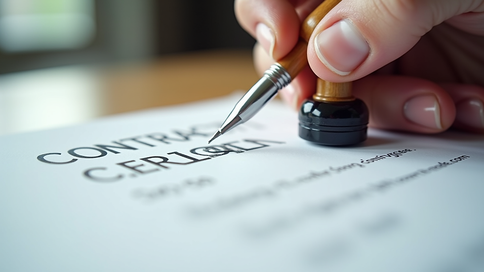 Close-up view of a notary stamp and a pen on a contract document