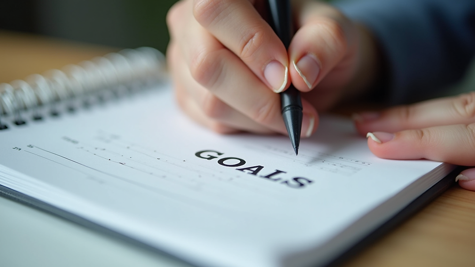 Close-up view of a person writing financial goals in a notebook