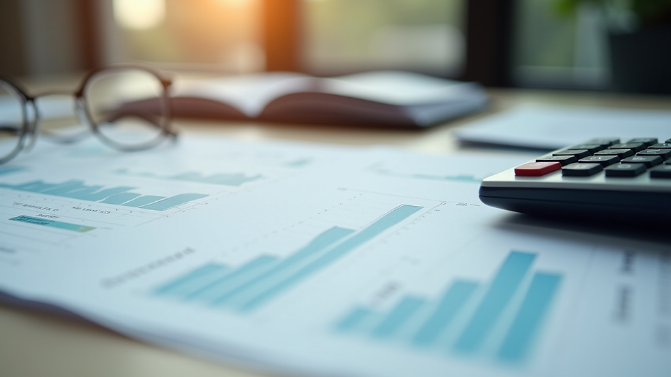 Eye-level view of a desk with financial documents and calculator