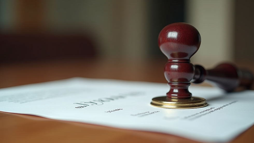 Eye-level view of a notary stamp and documents on a wooden desk