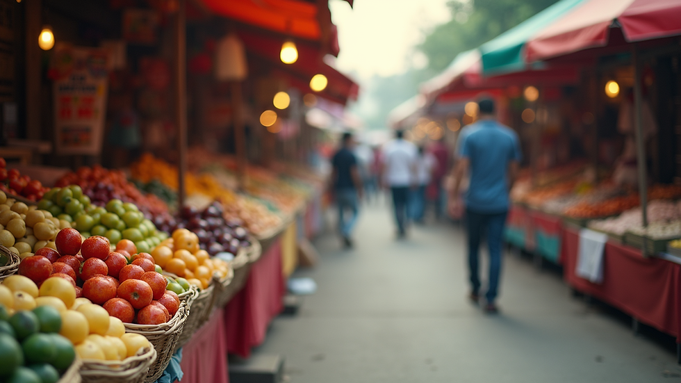Eye-level view of a vibrant outdoor market with colorful stalls