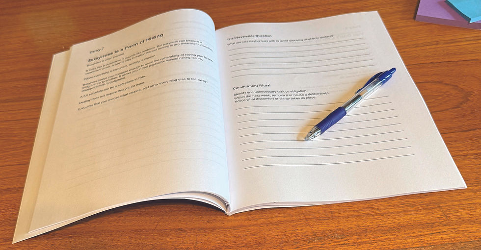 The Practice of Destiny contains 30 entries, each with an "irreversible question" and a "commitment ritual." O'Dell encourages readers to participate, complete what they begin and take the next honest step.
