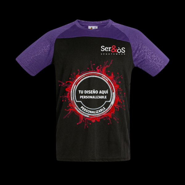 Camiseta alpe negra con hombros y mangas morados con ejemplo de diseño personalizado, vista frontal