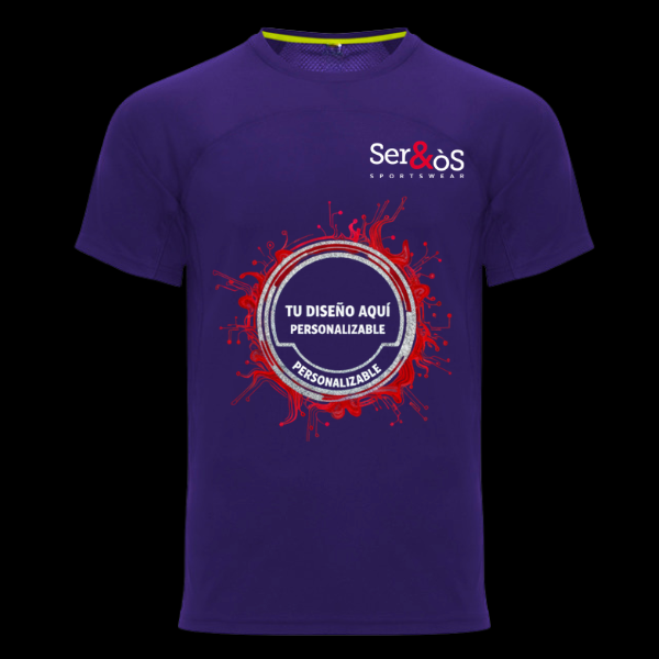 Camiseta monaco morada con ribete amarillo en el cuello con ejemplo de diseño personalizado, vista frontal