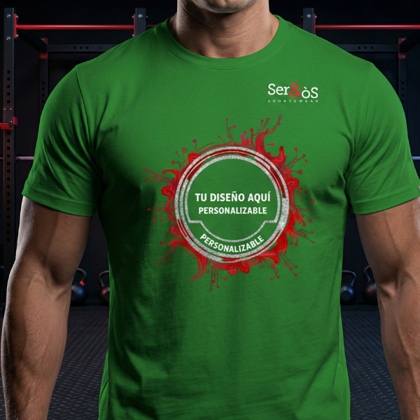 Modelo con camiseta imola verde de manga corta y ejemplo de diseño personalizado