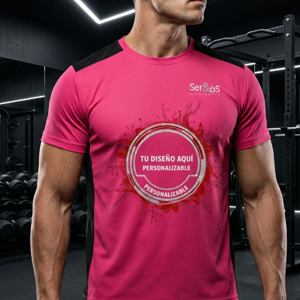 Modelo con camiseta detroit rosa de manga corta y ejemplo de diseño personalizado
