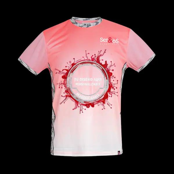 Camiseta técnica nitro rosa y blanca de manga corta con ejemplo de diseño personalizado, vista frontal