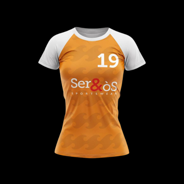 Camiseta femenina naranja de balonmano con mangas blancas y dorsal 19