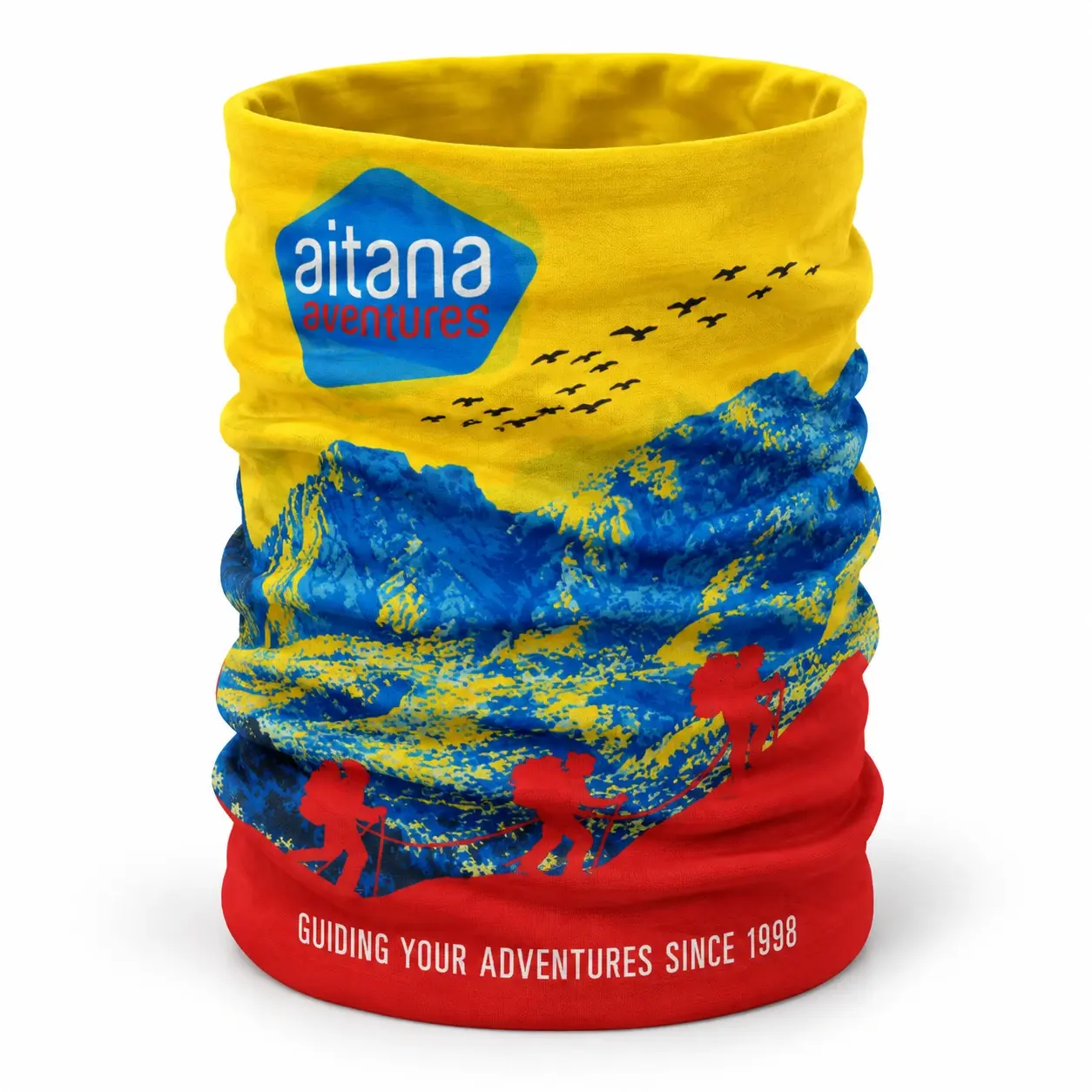Mockup de braga Aitana Aventures amarilla, azul y roja