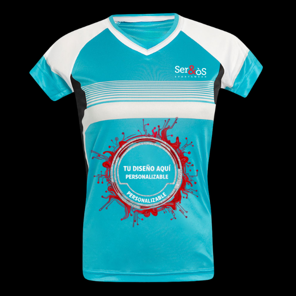 Miniatura: Camiseta olimpia turquesa y blanca con cuello de pico con ejemplo de diseño personalizado, vista frontal