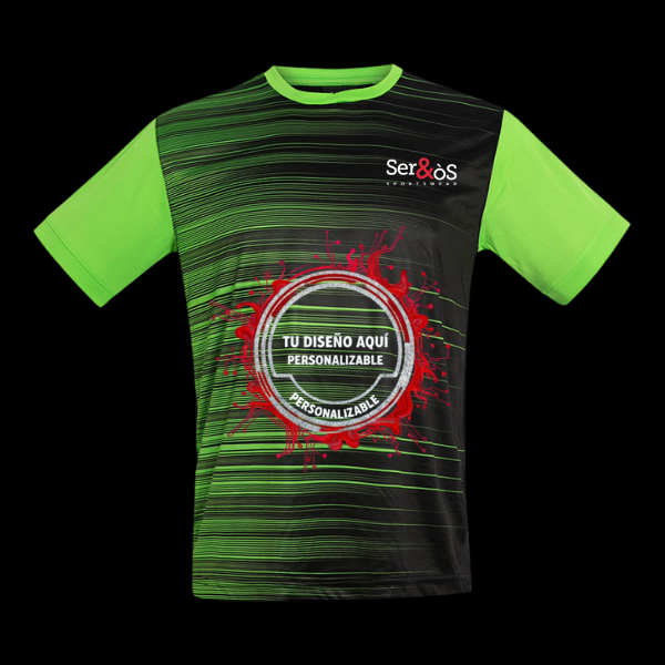 Camiseta cosmic negra y verde con líneas horizontales con ejemplo de diseño personalizado, vista frontal