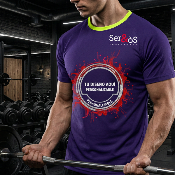 Modelo con camiseta monaco morada con ribete amarillo en el cuello y ejemplo de diseño personalizado