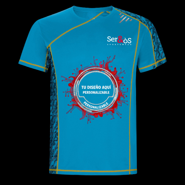 Camiseta sochi turquesa con detalles amarillos con ejemplo de diseño personalizado, vista frontal