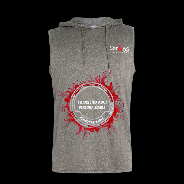 Camiseta técnica gym capucha gris sin mangas con capucha y cremallera con ejemplo de diseño personalizado, vista frontal