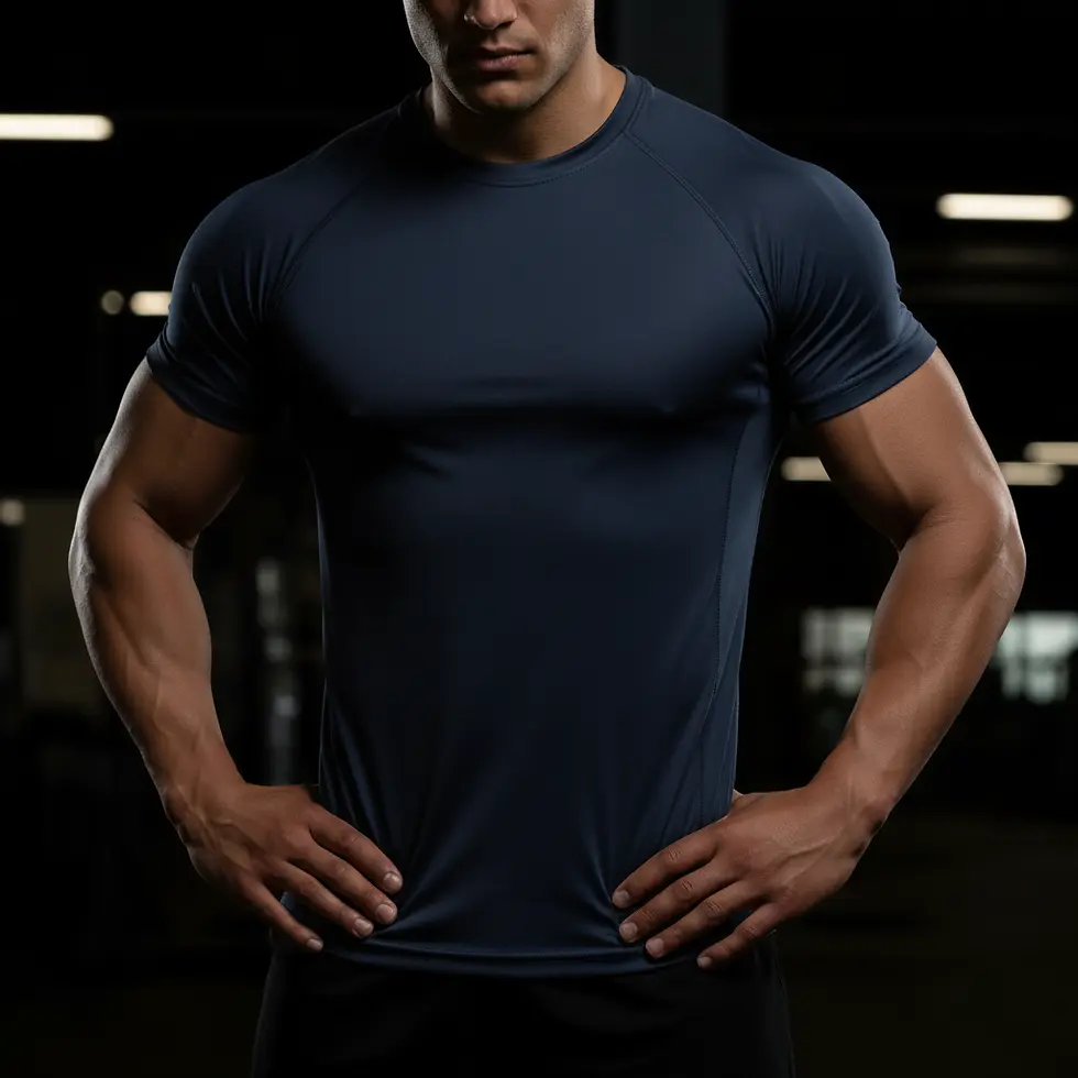 Modelo con camiseta bahrain azul marino, vista frontal