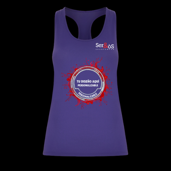 Camiseta aida morada de tirantes con ejemplo de diseño personalizado, vista frontal
