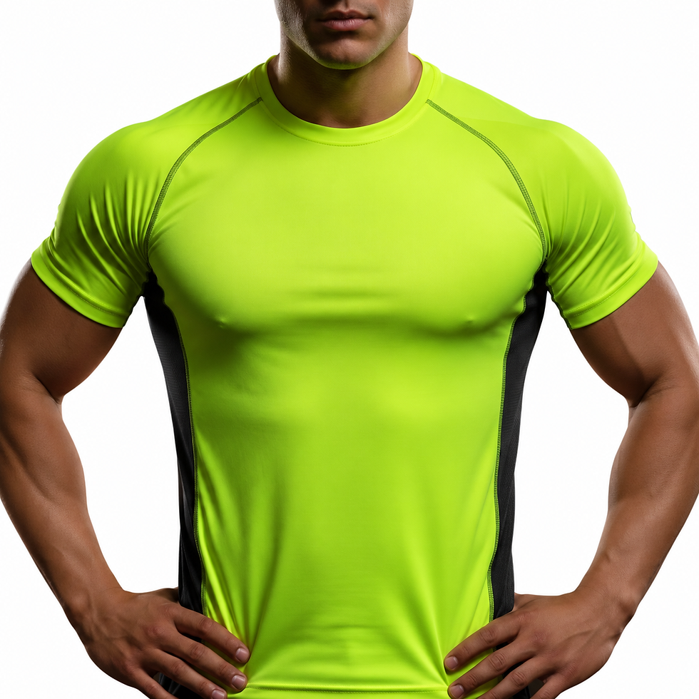 Modelo con camiseta shanghai amarilla con paneles oscuros, vista frontal