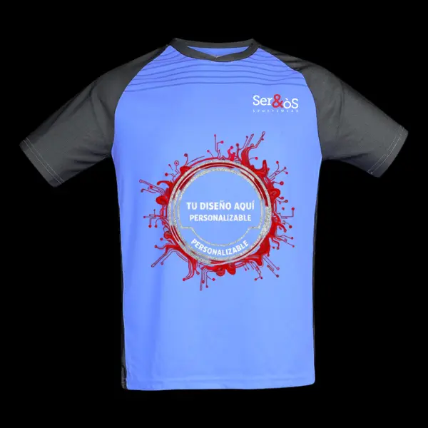 Camiseta técnica potenza azul con mangas negras con ejemplo de diseño personalizado, vista frontal