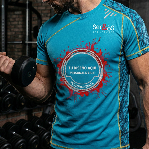 Modelo con camiseta sochi turquesa con detalles amarillos y ejemplo de diseño personalizado