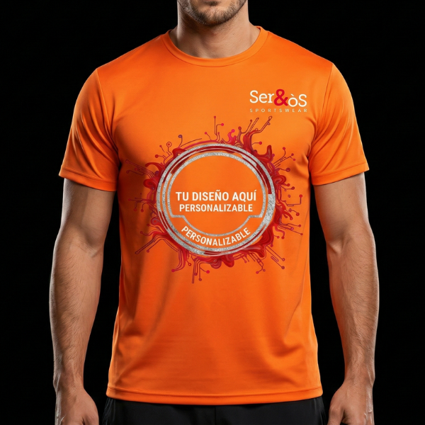 Modelo con camiseta daytona naranja de manga corta y ejemplo de diseño personalizado
