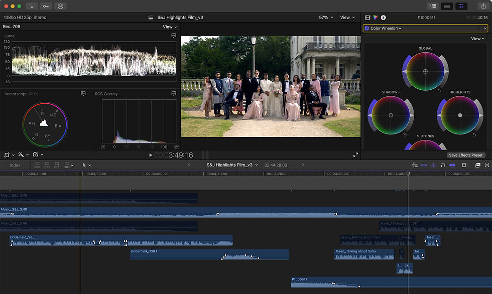 Timeline of video editing software shoving busy music and audio clips with transitions