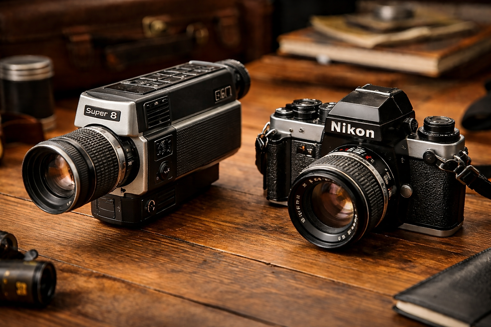 Vintage video camera and vintage photo camera on a rustic wood table
