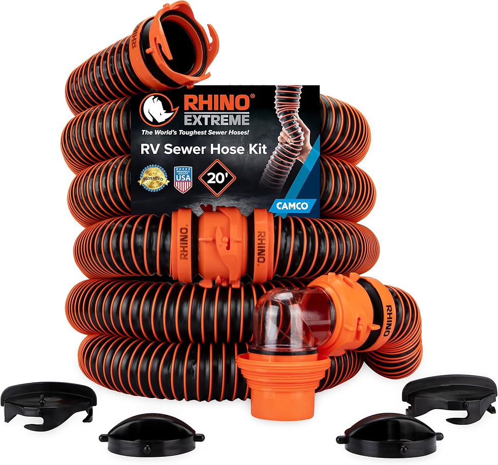 Orange and black RV sewer hose kit with connectors and caps. Text reads "Rhino Extreme 20' RV Sewer Hose Kit." Sturdy and rugged design.