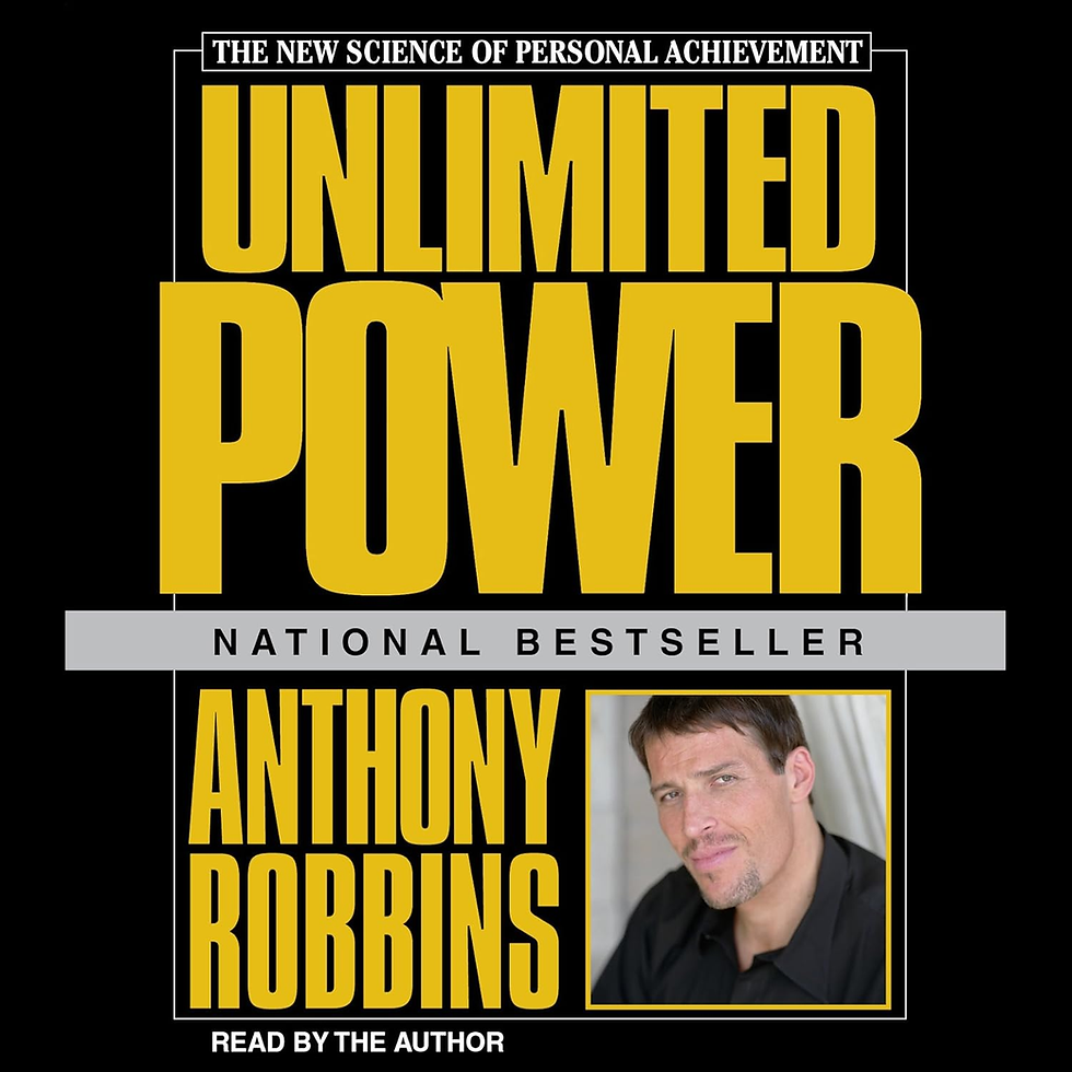 Book cover for "Unlimited Power" with yellow text on black. Image of a man in a box. Labels: "National Bestseller," "Anthony Robbins," "Read by the Author."